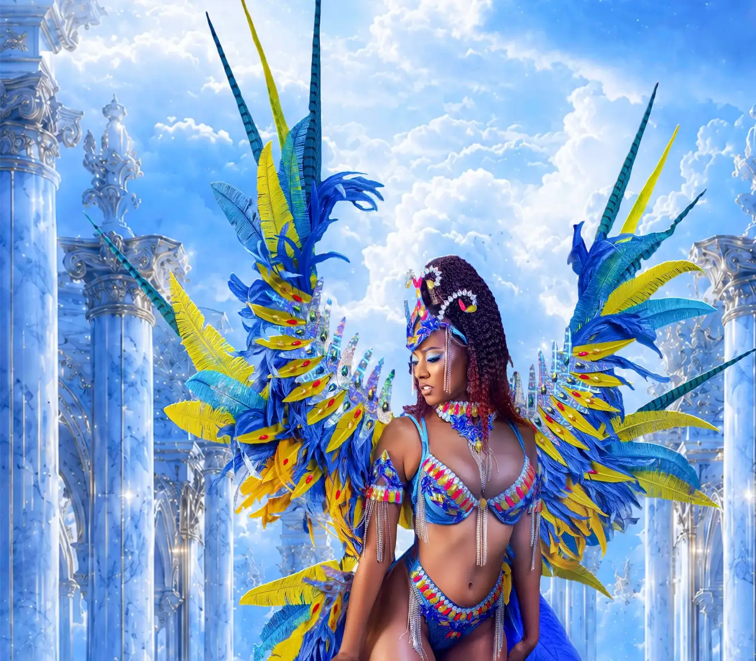 Blue Jay Ascent masquerader in full costume, wings spread, rising through clouds