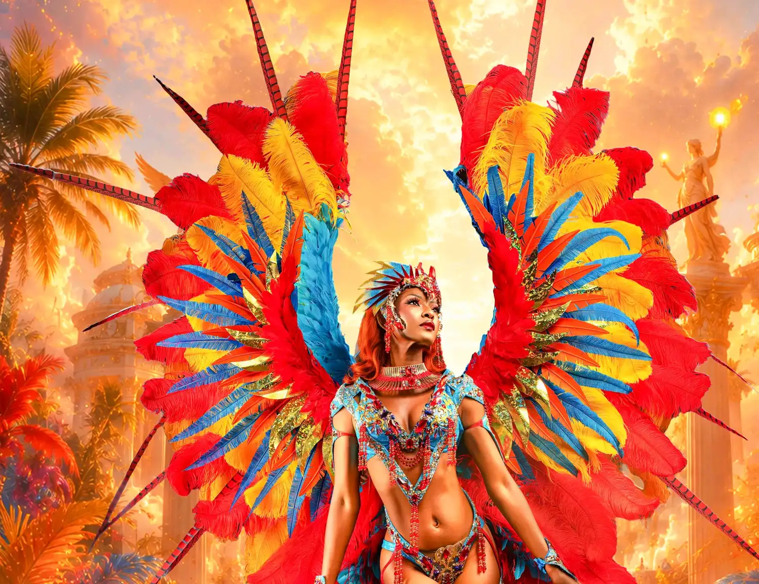 Macaw Valiant masquerader in full costume, scarlet and turquoise wings spread against a sunset sky