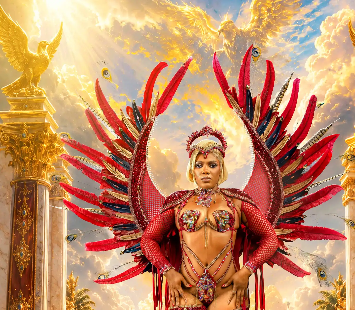 Royal Eagle masquerader in full costume, crimson and gold wings against golden clouds