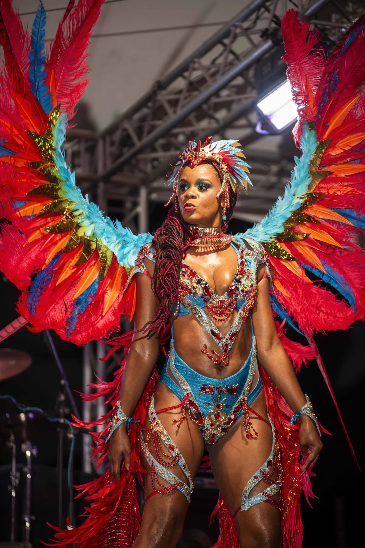 A colorful winged costume on stage at the band launch